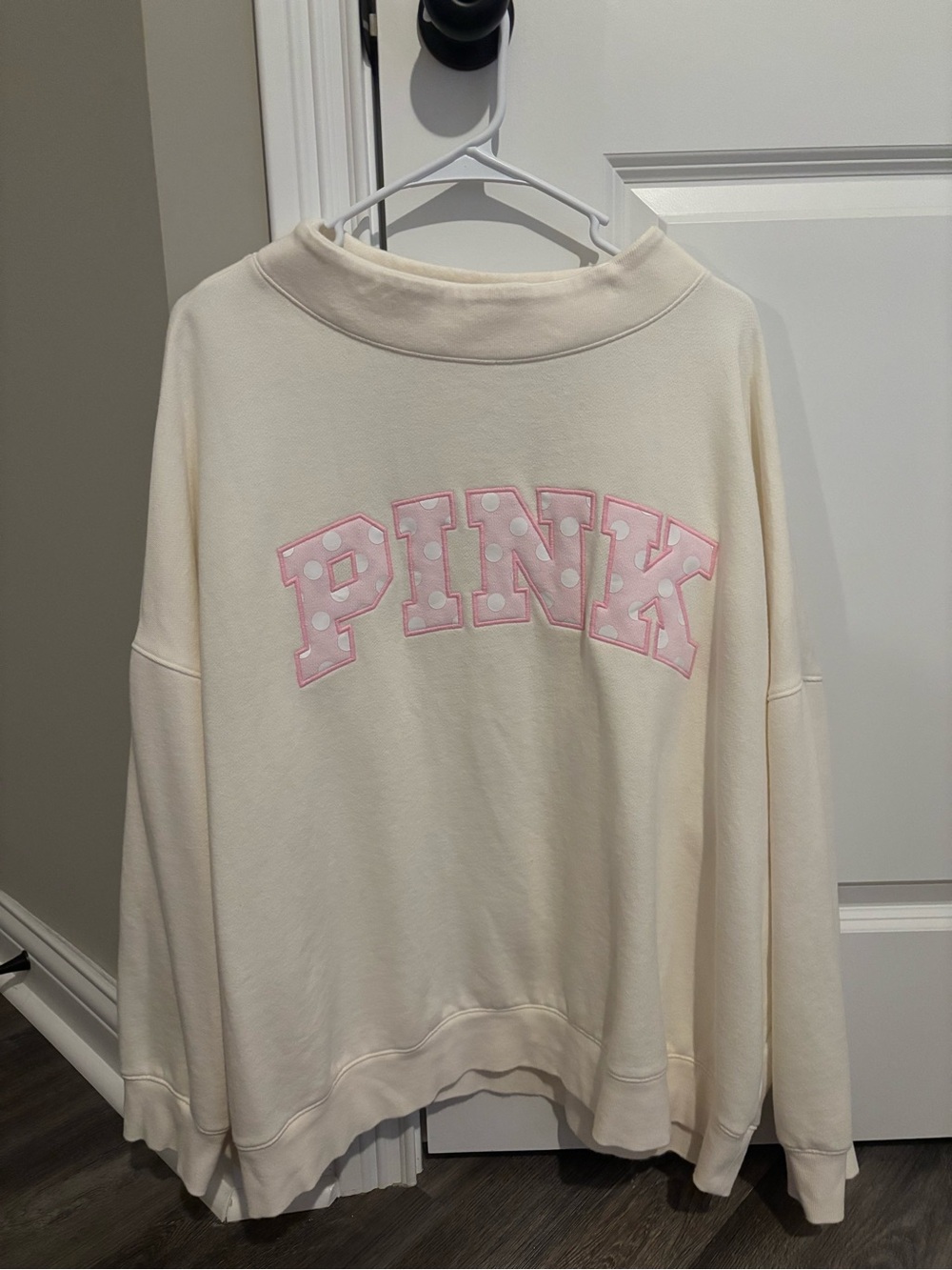 victoria’s secret pink polka dot campus fleece oversized mockneck sweatshirt